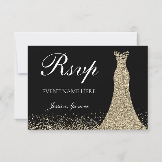 Gold Sparkle Dress Birthday Party Bridal RSVP Karte (Vorderseite)