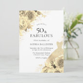 Gold Sparkle Dress & Blume Frauen 50. Geburtstag Einladung (Stehend Vorderseite)