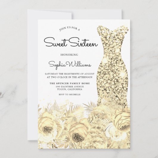 Gold Sparkle Dress & Blume Sweet 16 Party Einladung (Vorderseite)