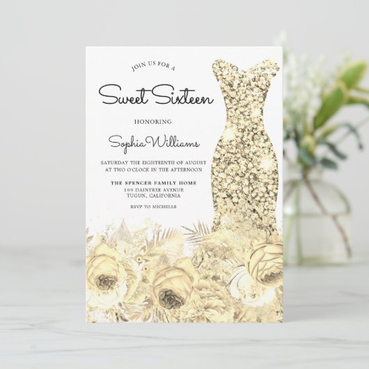 Gold Sparkle Dress & Blume Sweet 16 Party Einladung (Stehend Vorderseite)