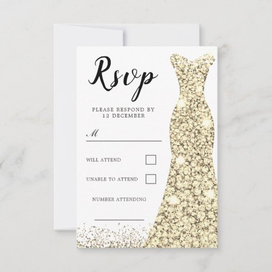 Gold Sparkle Dress Jeden Anlaß Birthday Bridal RSVP Karte (Vorderseite)