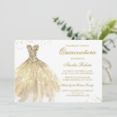 Gold Sparkle Dress Quinceanera Einladung (Stehend Vorderseite)