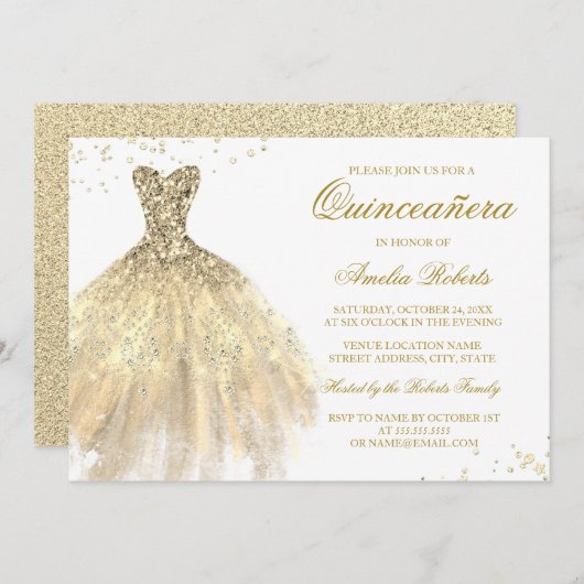 Gold Sparkle Dress Quinceanera Einladung (Vorne/Hinten)