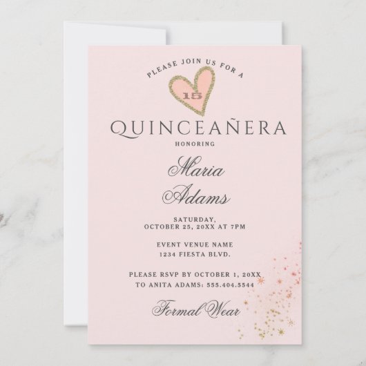 Gold Sparkle Formal Beauty Quinceañera Einladung (Rückseite)