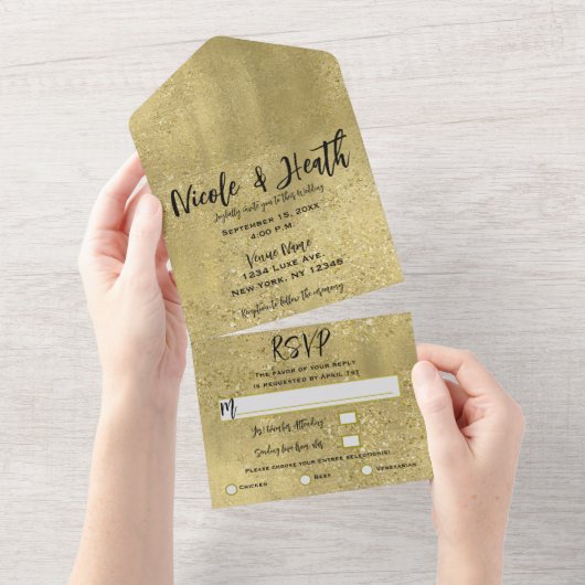 Gold Sparkle Glam Hochzeit in einem All In One Einladung (Abreißen)