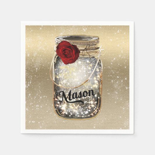 Gold Sparkle Glam Red Rose Mason Jar Serviette (Vorderseite)