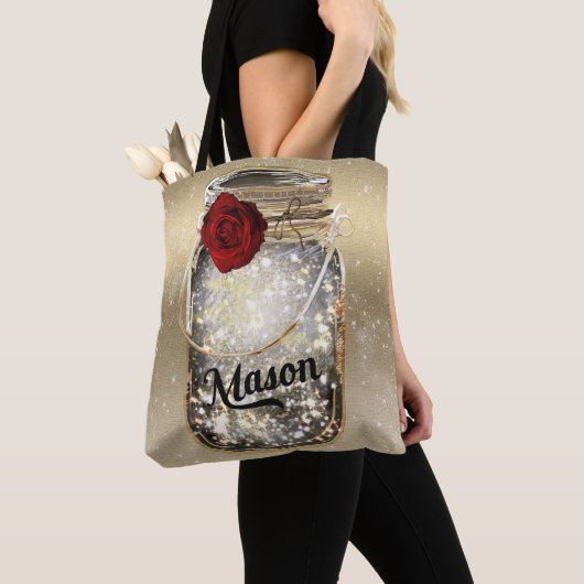 Gold Sparkle Glam Red Rose Mason Jar Tasche (Von Nahem)
