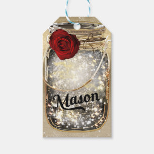 Gold Sparkle Glam Rote Rose Mason Jar Party Geschenkanhänger
