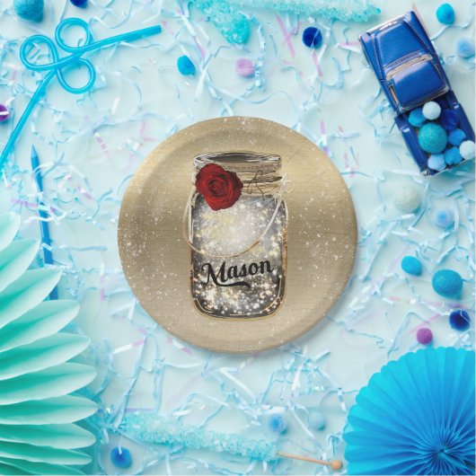 Gold Sparkle Glam Rote Rose Mason Jar Party Pappteller (Party)