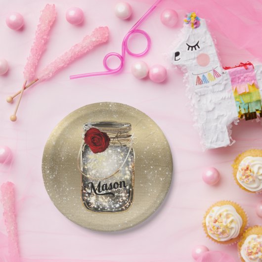 Gold Sparkle Glam Rote Rose Mason Jar Party Pappteller (Party)