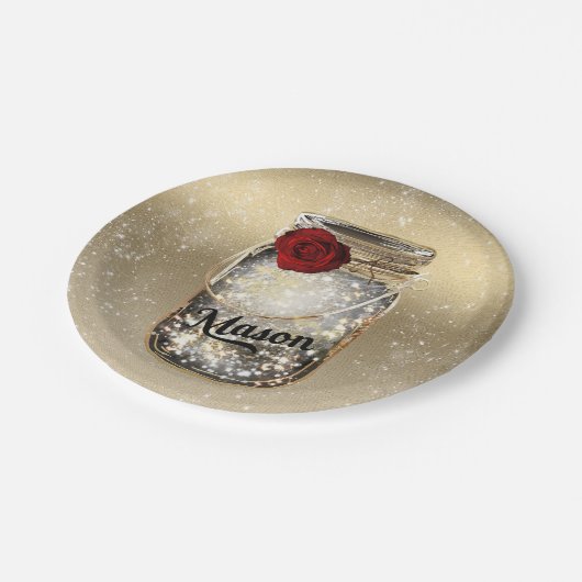 Gold Sparkle Glam Rote Rose Mason Jar Party Pappteller (Schrägansicht)
