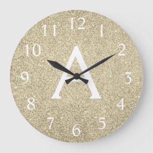 Gold Sparkle Glitter Monogram Name & Initial Große Wanduhr
