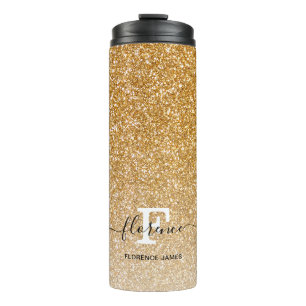 Gold Sparkle Glitzer Ombre Girly Monogram Name Thermosbecher