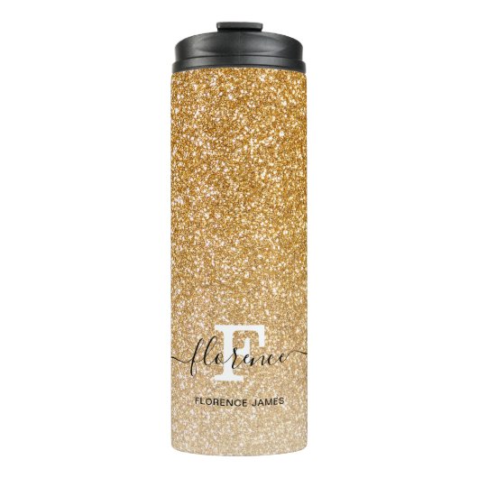Gold Sparkle Glitzer Ombre Girly Monogram Name Thermosbecher (Vorderseite)