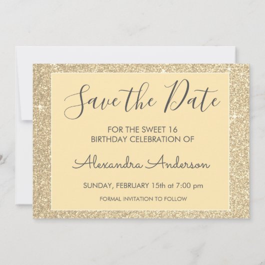 Gold Sparkle Glitzer Sweet 16 Save the Date (Rückseite)