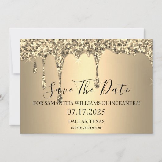 Gold Sparkle Glitzer Tropfen Quinceanera Save The Date (Vorderseite)