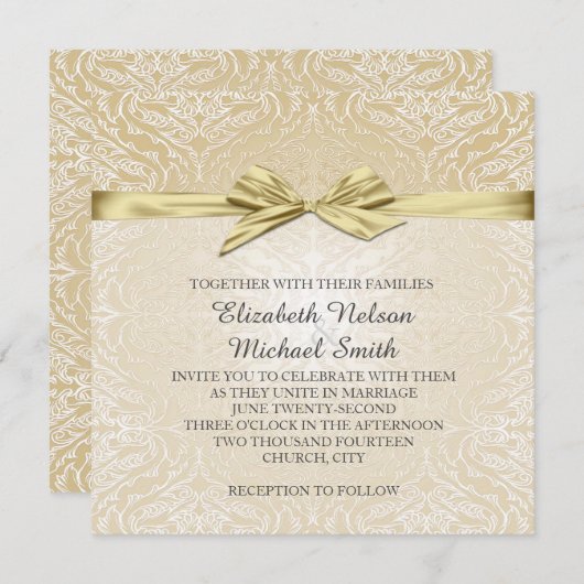 Gold Sparkle Ribbon Damask Wedite Einladung (Vorne/Hinten)
