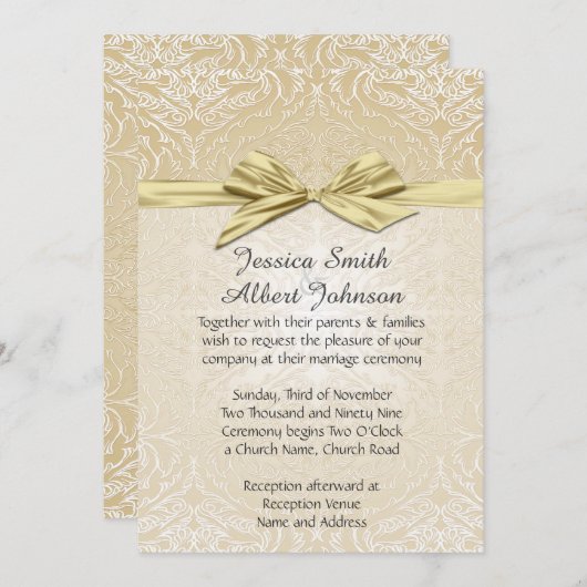 Gold Sparkle Ribbon Damask Wedite Einladung (Vorne/Hinten)