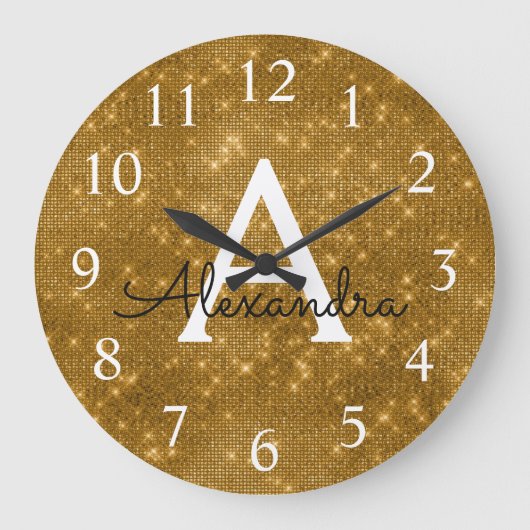 Gold Sparkle Shimmer Monogram Name & Initial Große Wanduhr (Vorderseite)