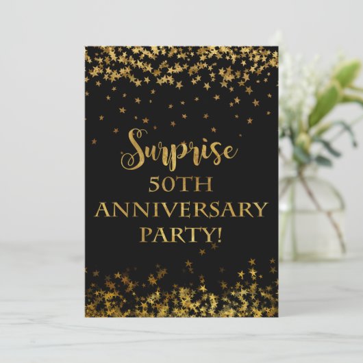 Gold Sparkle Stars Text 50 Jahre Einladung (Stehend Vorderseite)