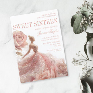 Gold Sparkle Sweet 16 Blush Pink Dress Einladung