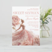 Gold Sparkle Sweet 16 Blush Pink Dress Einladung (Stehend Vorderseite)