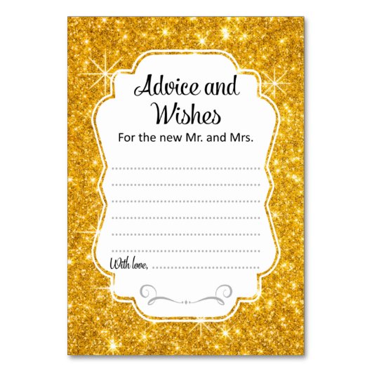Gold Sparkle Wedding Advice & Wishings Card Vertik Tischnummer (Vorderseite)