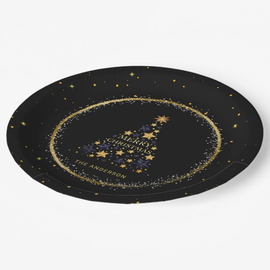 Gold Sparkle Weihnachtsbaum Urlaub Pappteller (Schrägansicht)