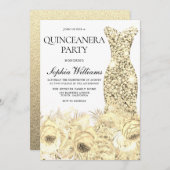 Gold Sparkleider und Blume Quinceanera Party Einladung (Vorne/Hinten)