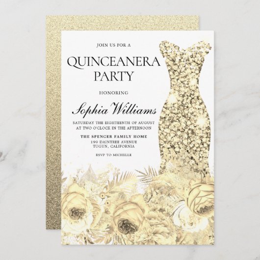 Gold Sparkleider und Blume Quinceanera Party Einladung (Vorne/Hinten)