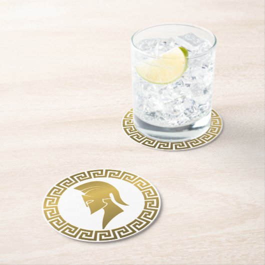 Gold Spartan Helmet mit griechischer Schlüsselgren Runder Pappuntersetzer (Vor Ort)