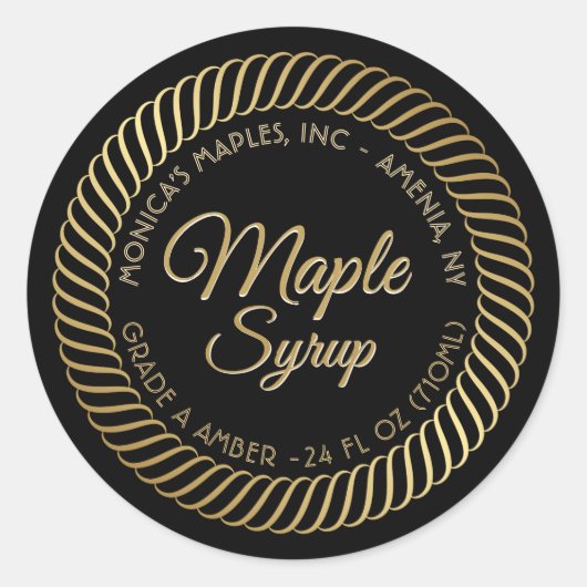 Gold Spirale Border Maple Sirup Label auf schwarz Runder Aufkleber (Vorderseite)