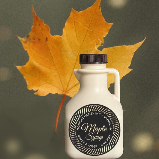 Gold Spirale Border Maple Sirup Label auf schwarz Runder Aufkleber