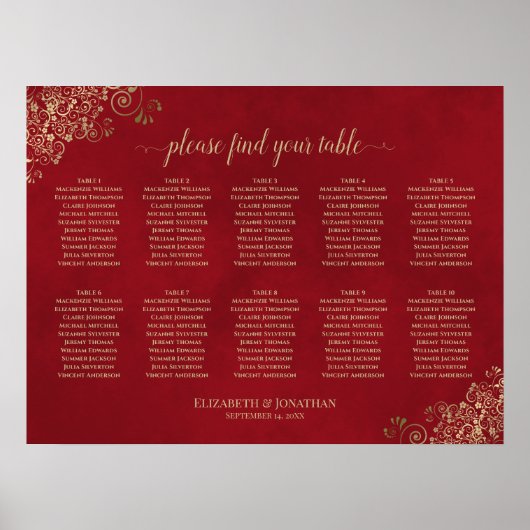 Gold Spitze auf Red 10 Table Wedding Seating Chart Poster (Vorne)