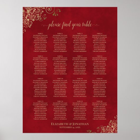 Gold Spitze auf Red 16 Table Wedding Seating Chart Poster (Vorne)