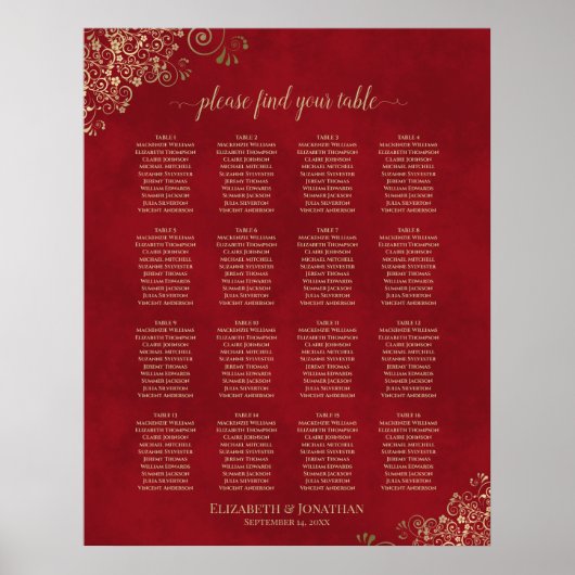 Gold Spitze auf Red 16 Table Wedding Seating Chart Poster (Vorne)