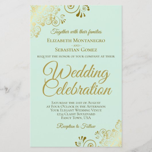 Gold Spitzen auf Mint BUDGET Hochzeit Einladung gr (Vorderseite)