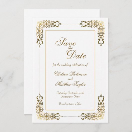 Gold-Spitzen-Border-Hochzeit Sichern Sie das Datum Save The Date (Vorne/Hinten)