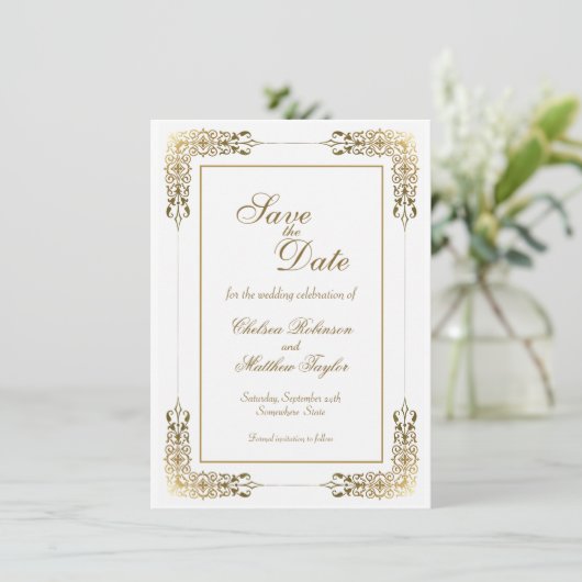 Gold-Spitzen-Border-Hochzeit Sichern Sie das Datum Save The Date (Stehend Vorderseite)