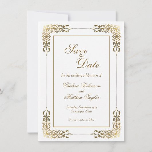Gold-Spitzen-Border-Hochzeit Sichern Sie das Datum Save The Date (Vorderseite)