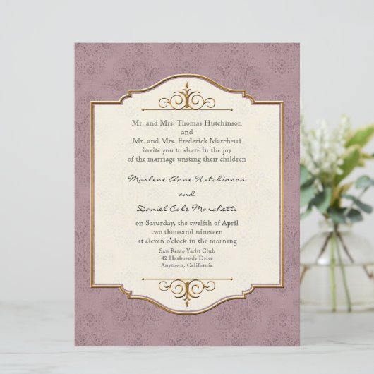 Gold & Spitzen Klassisches Formal Hochzeitsfeiern Einladung (Stehend Vorderseite)