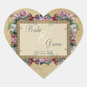Gold & Spitzen Klassisches Formal Hochzeitsfeiern Herz-Aufkleber
