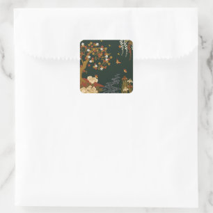 Gold Spring Floral Cherry Blossom River Night Quadratischer Aufkleber
