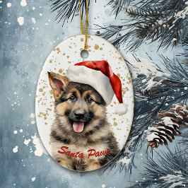 Gold Spritzer Santa Paws German Shepherd Puppy Keramik Ornament