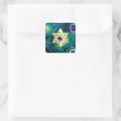 Gold Star Bat Mitzvah Peacock Lila und Aquamarin Quadratischer Aufkleber (Tasche)