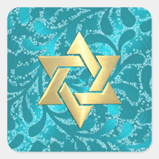 Gold Star Bat Mitzvah Türkise Blue Damask Quadratischer Aufkleber (Vorderseite)