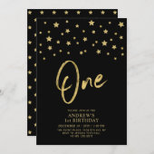 Gold Star | Black One 1. Geburtstag Party Einladung (Vorne/Hinten)