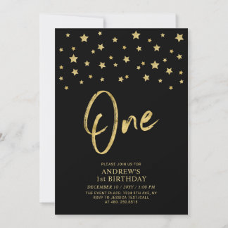 Gold Star | Black One 1. Geburtstag Party Einladung