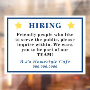 Gold Star Blau Schrift HIRING Hinweis Fensteraufkleber