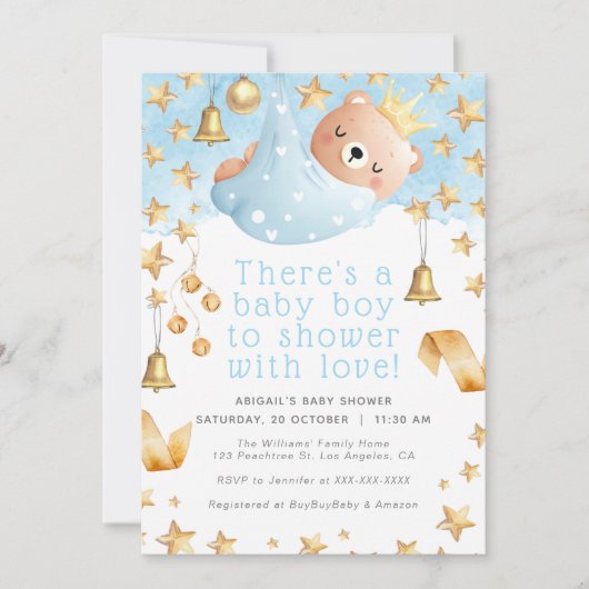 Gold Star Blue Teddy Bear Prince - Boy Baby Dusche Einladung (Vorderseite)